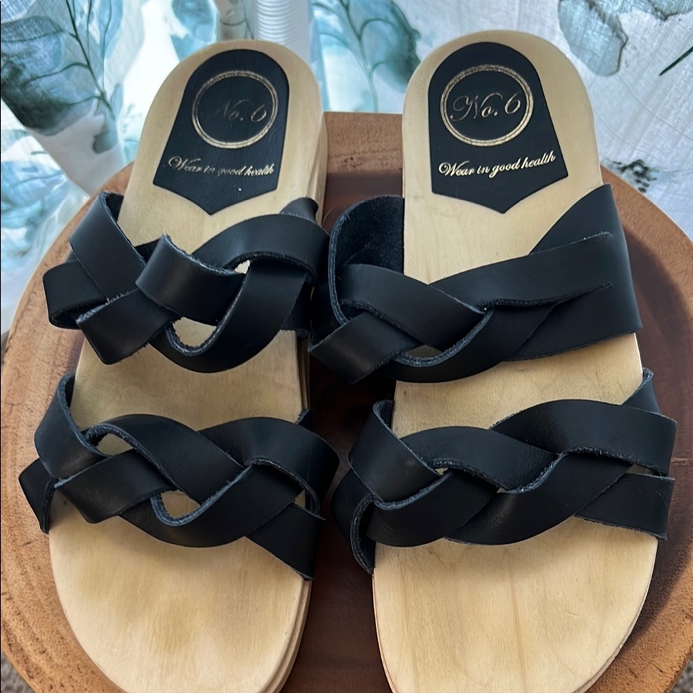 No. 6 flat clog sandal braided leather